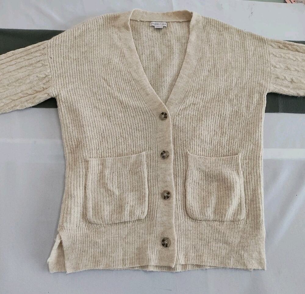Sincerely Jules Beige Cable-Knit Crew Neck Button Cardigan Sweater Women’s M